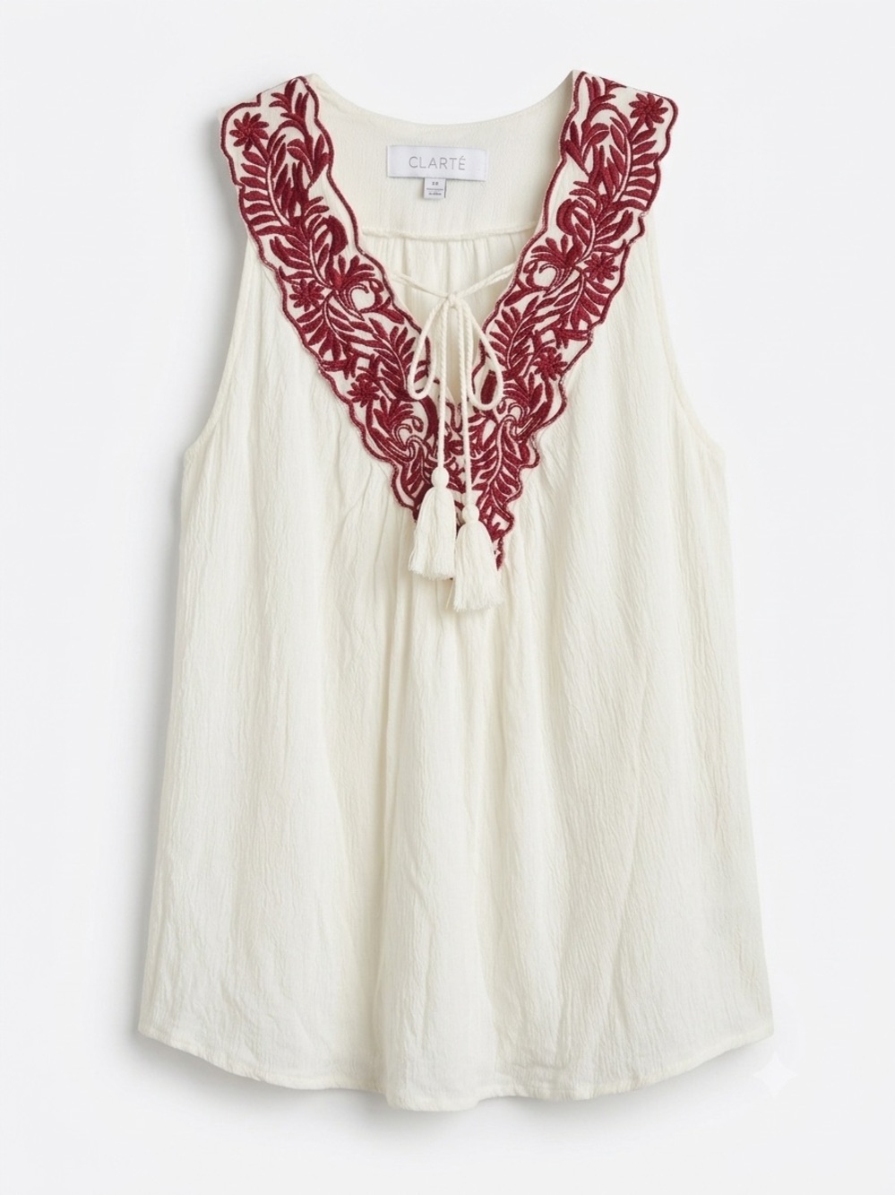Clarté Boho Embroidered Linen Blend Tank Top Cream Red Tassel Gauze Blouse M
